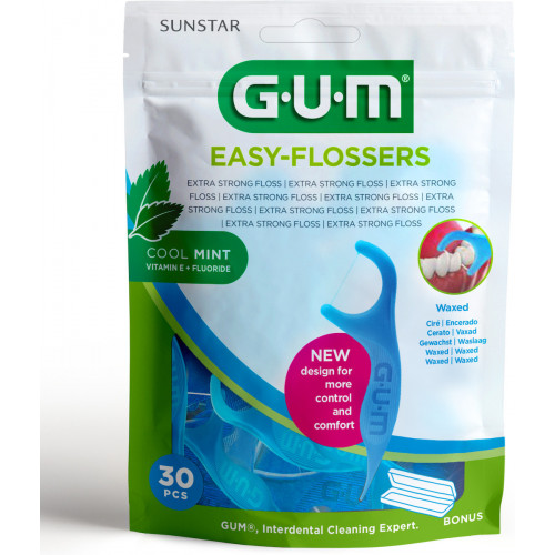 GUM Easy-Flossers Κερωμένο Οδοντικό Νήμα με Γεύση Μέντα και Λαβή σε Μπλε χρώμα 30τμχ